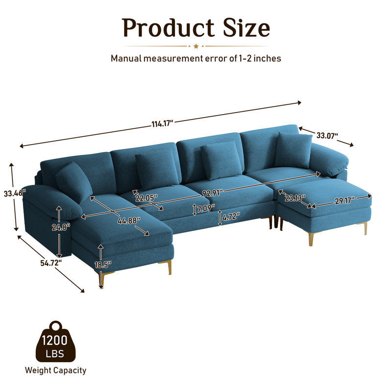 Canapé modulaire en chenille en U 114 po avec méridienne et pieds dorés, Blue Chenille