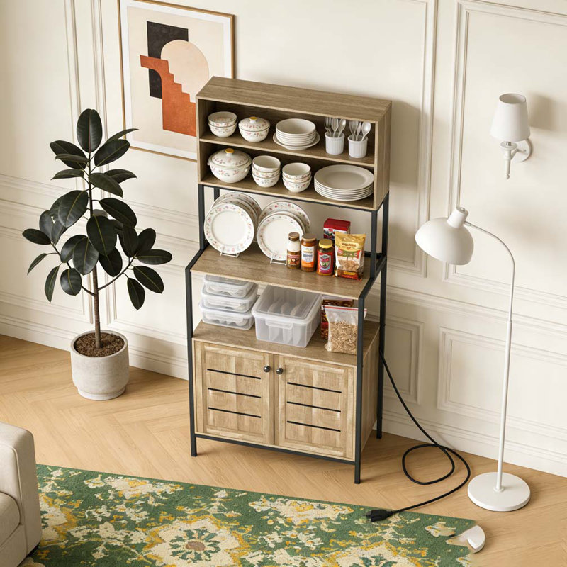 Coffee Station,Rack with Power Outlet and Storage Shelves, Gray