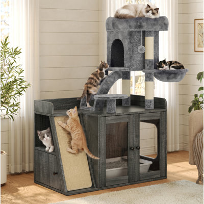 Enceinte de litière avec arbre à chat, litière cachée avec lumière DEL, planche à griffer en sisal et espace de rangement, meuble de litière modulaire avec condo et plateforme, tour pour chat tout-en-un, gris