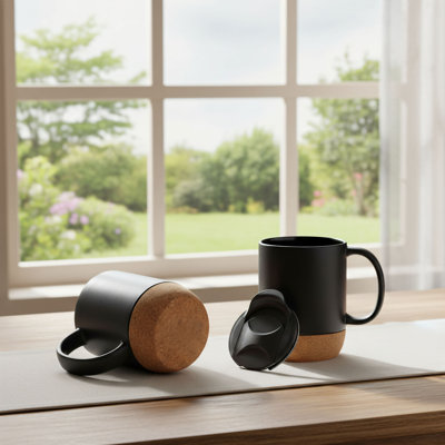 Set Of Two 15-Ounce Matte Gray Ceramic Coffee Mugs With Cork Bases And Leak-Proof Lids. Suitable For Lattes, Tea, And Other Beverages. A Great Gift For Parents.