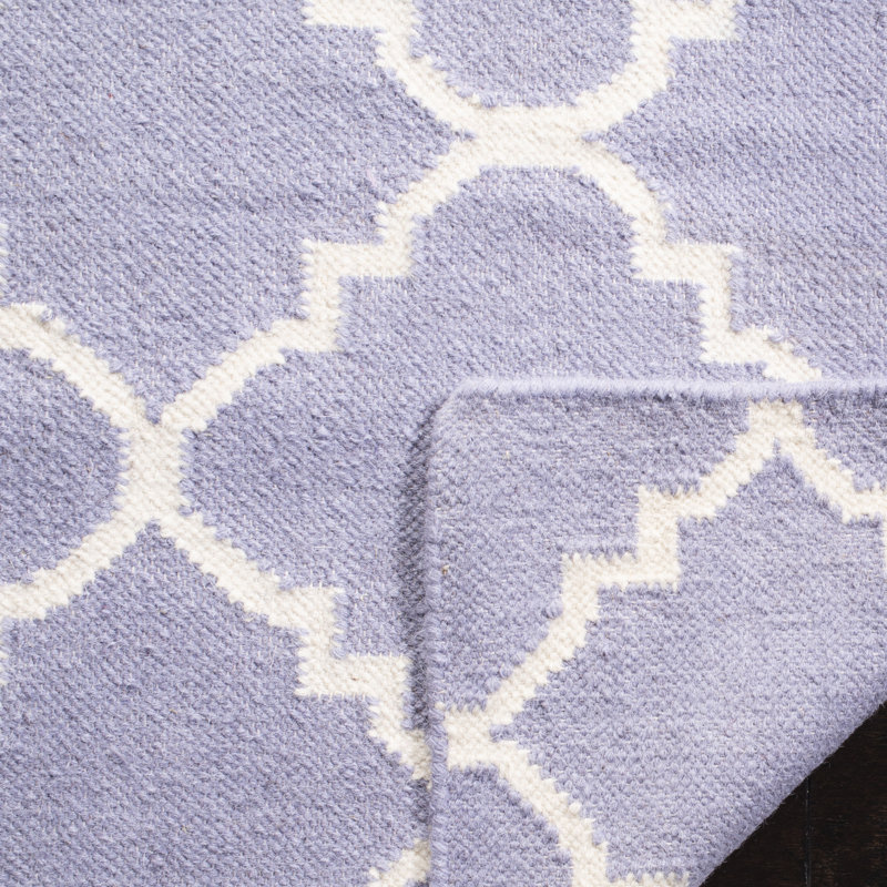 Milltown Hand Woven Flat Weave Wool/Cotton Geometric Rug in Ivory/Purple, Rectangle 5' x 8'