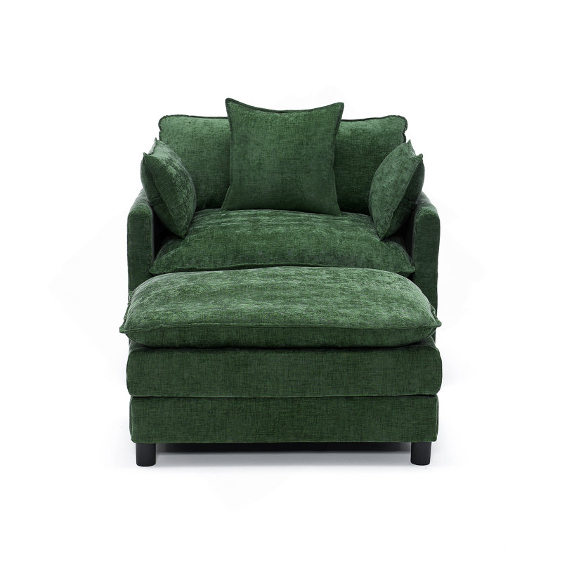 39.4" Modern Accent Chair with Ottoman, Living Room Club Chair Chenille Upholstered Armchair , Reading Chair for Bedroom, Green Chenille