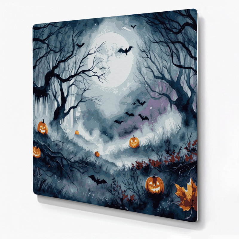 Halloween, aquarelle, scènes d'Halloween, art mural gris en métal, H 12 po x l 12 po