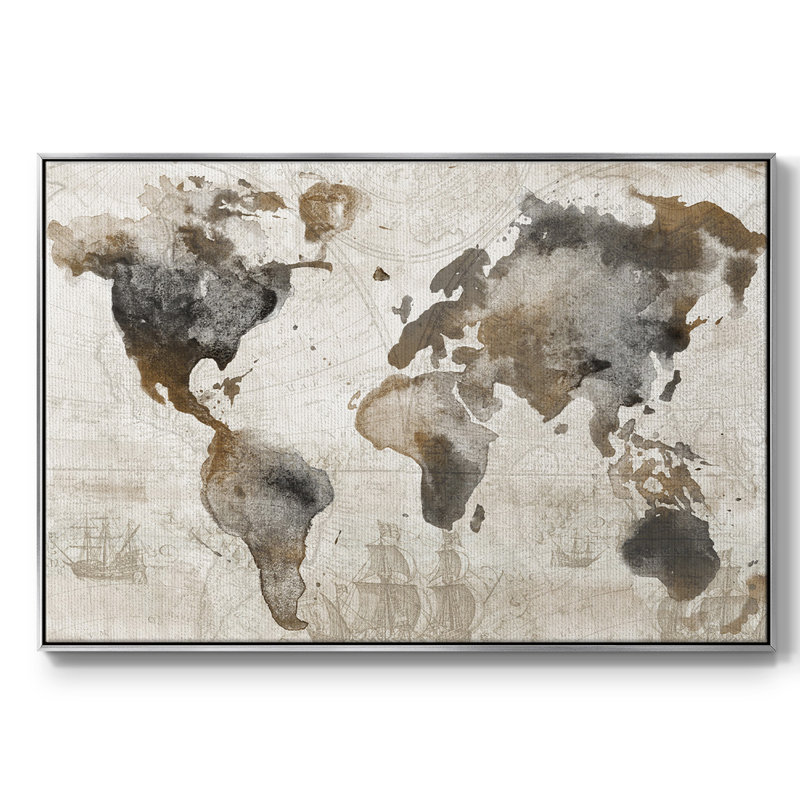Carte antique encadrée sur toile, H 25 po x l 37 po x P 2 po, Argent