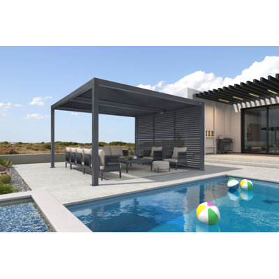 Purple Leaf Louvred Pergola Outdoor Aluminum Pergola With Fixed Shutter Wall Adjustable Roof For Deck Backyard Grey Hardtop Gazebo, 1 Short Side