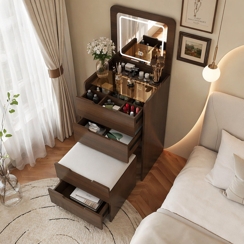 Ensemble de meuble-lavabo 3 en 1 avec miroir et plateau de maquillage, Walnut-6