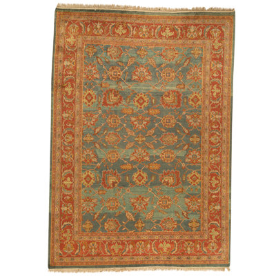 Hand Knotted Wool Oriental Area Rug in Blue And Rust