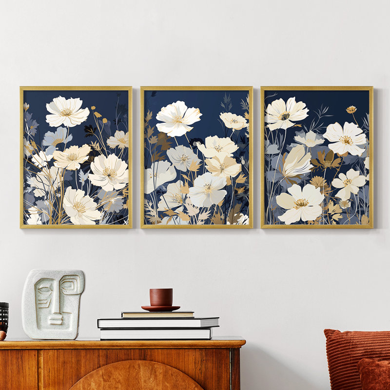 Série d'étude florale Cxxviii - ensemble de 3 estampes giclées encadrées - prêt à, H 10 po x l 8 po, Cadre doré