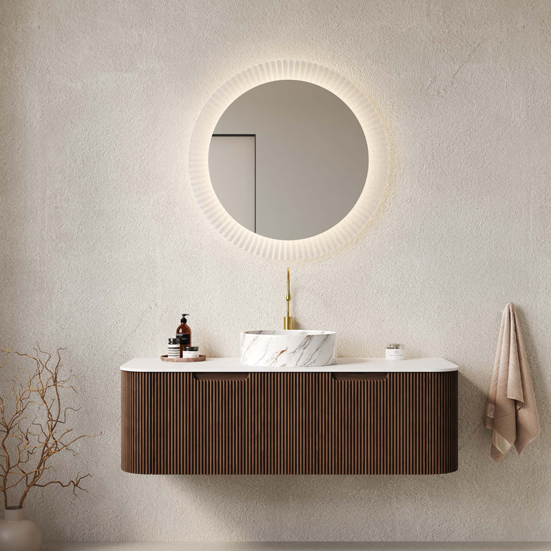 48" Bathroom Vanity With Sink, Wall-Mounted Curved Edges Striped Bathroom Storage Cabinet With 2 Drawers, Round Ceramic Basin With Stone Pattern, Pre-Assembled