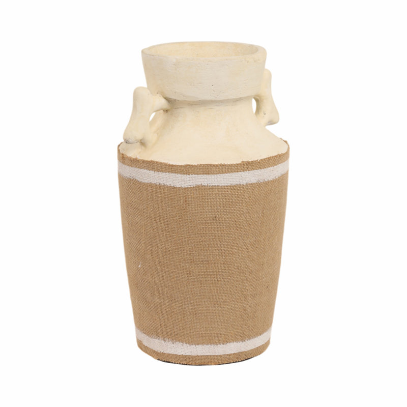 Coastal Amphora Pottery Vase with Terracotta Body, Woven Jute Wrap, and Sculpted Side Handles for Textured Organic Decorative Accent
