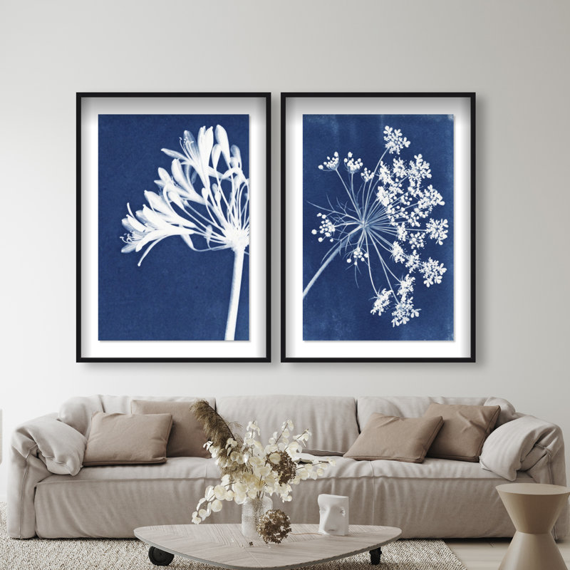Cyan Flowers Set Shadowbox Floral & Botanical Print by Oliver Gal, Black Frame, 10 x 15, 37.5"H x 55.5"W, Black Shadowbox