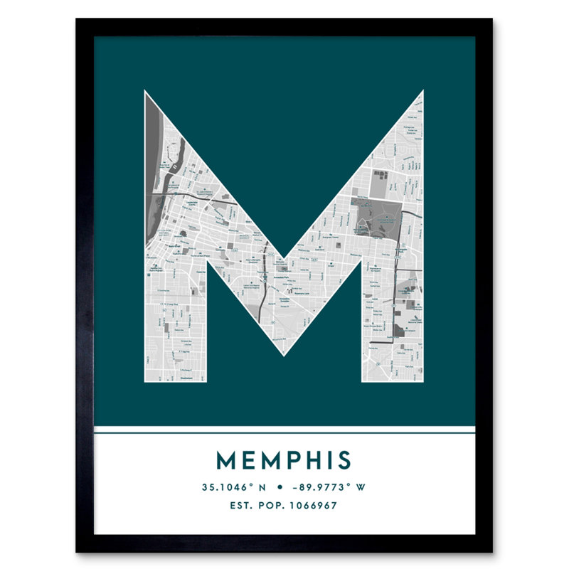 Memphis City Map Memphis Teal by Wee Blue Coo - Single Picture Frame Typography