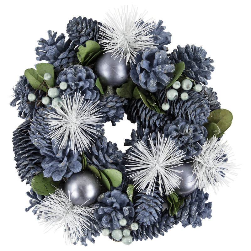 Couronne de Noël bleue avec pomme de pin et aiguilles de pin non éclairées 10 pouces