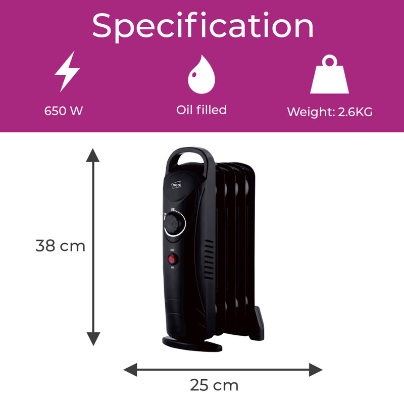 NeoDirect 650W 2217 BTU Electric Radiator Space Heater with Adjustable Thermostat, Black