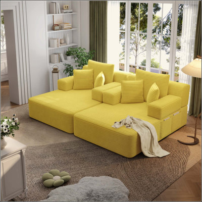 Ensemble 2 pièces surdimensionné de méridienne double, luxueux canapé-lit en velours côtelé moelleux avec 6 coussins et une poche de rangement, pour les petits espaces, le cinéma maison et le salon