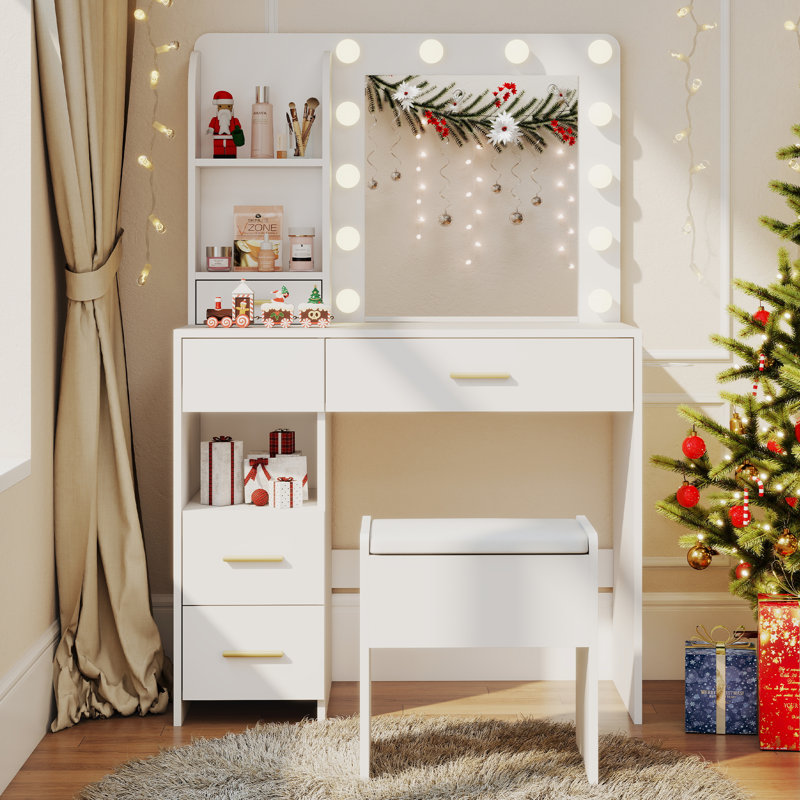 Coiffeuse 35 "avec miroir DEL et 5 tiroirs, Blanc
