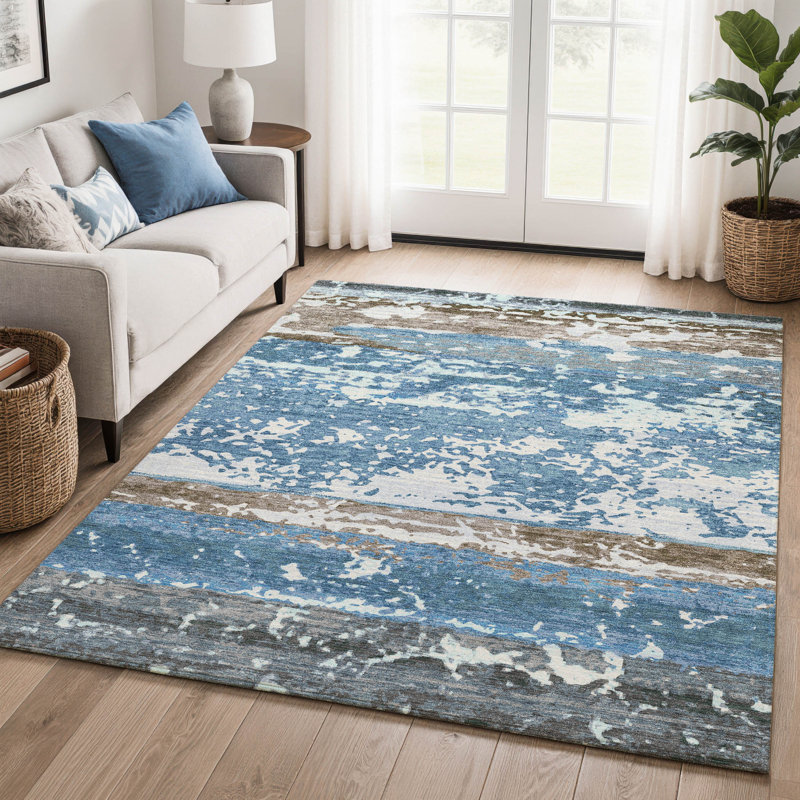Tapis à rayures lavables à la machine de qualité supérieure Mayfield AMF2398, Bleu, 10 pi x 14 pi