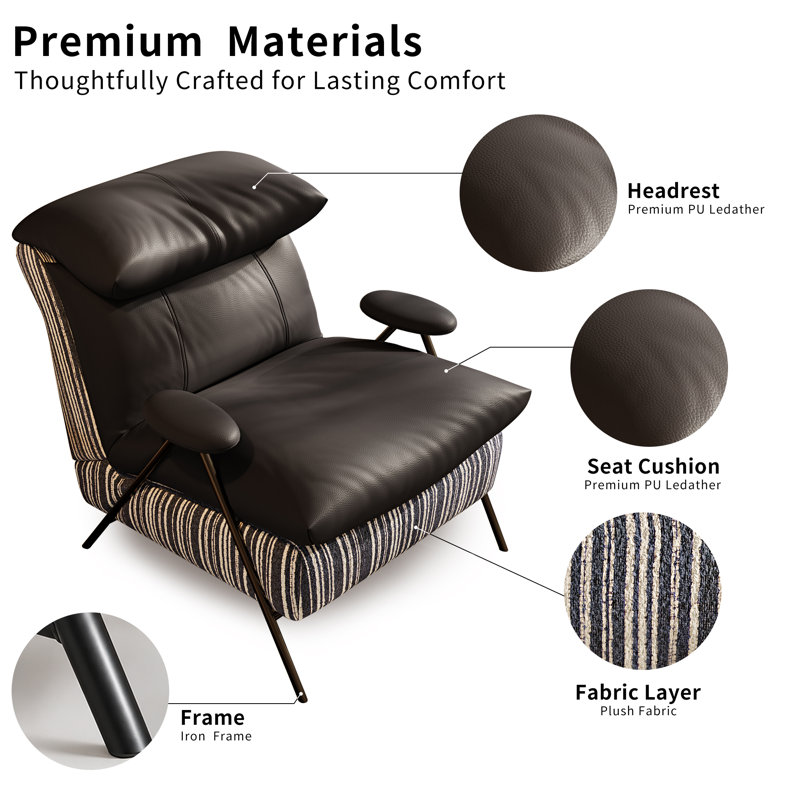 Fauteuil d'appoint moderne, structure en bois massif, revêtement en chenille et cuir, siège confortable pour le salon, la chambre et le balcon.