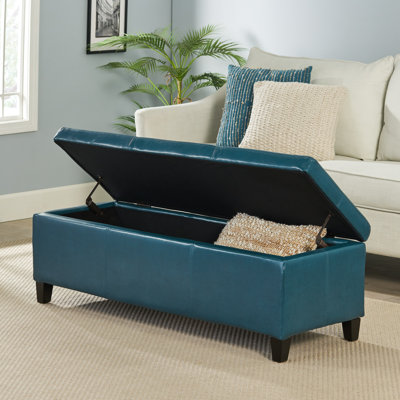 Pouf de rangement en similicuir, repose-pieds rembourrés rectangulaires, banc, table basse, coffre de salon, bleu sarcelle