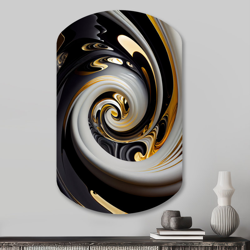 Or et noir vitrail spirale III - Spirales abstraites cylindriques en métal asymétrique, H 31 po x l 19 po x P 1 po