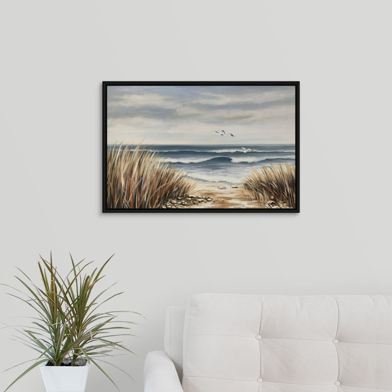 « seascape beach », peinture sur toile, H 17,7 po x l 25,7 po x p 1,75 po, Cadre flottant noir