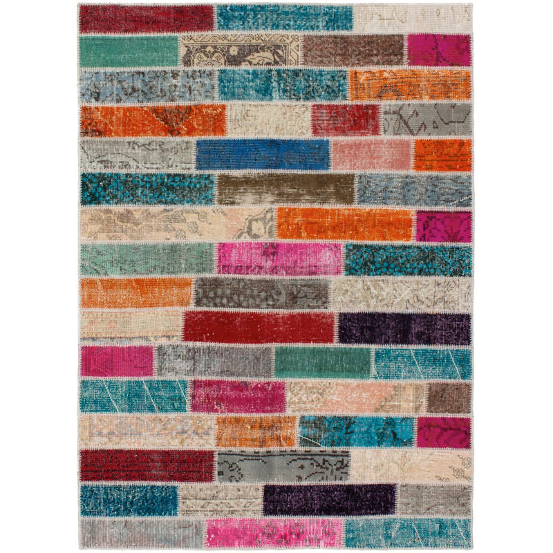 Tapis unique en laine noué à la main style patchwork des années 2010 de 4 pi 8 po x 6 pi 5 po bleu / gris Barrasso