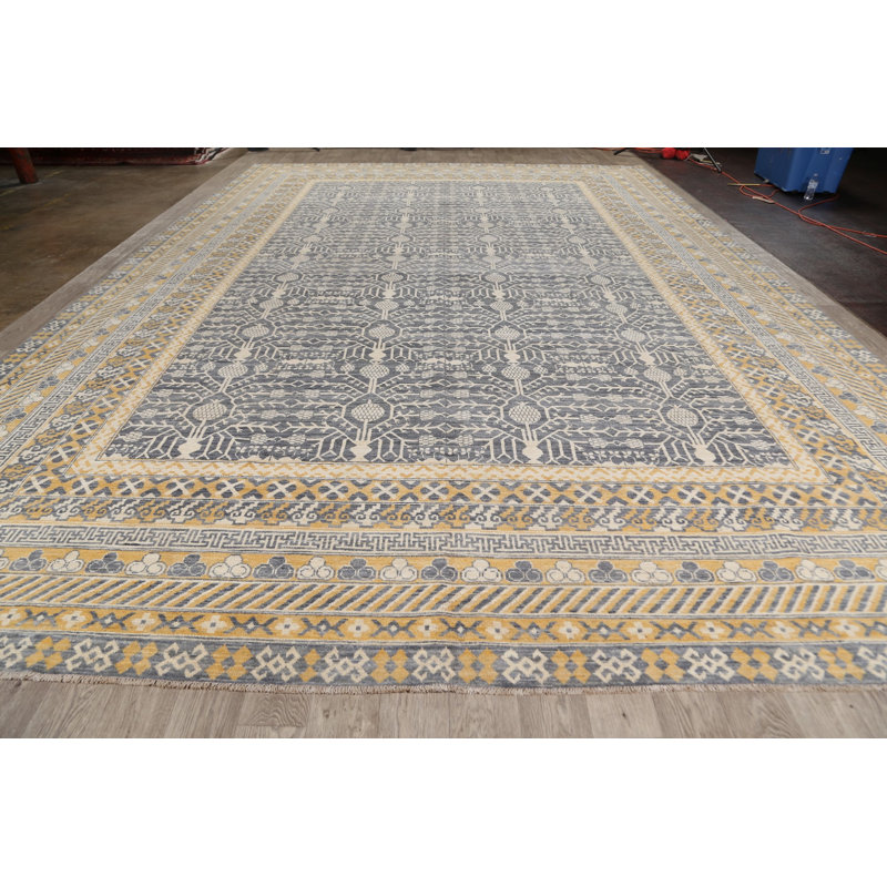 Tapis décoratif en laine brun clair/bleu 12 pi 2 po x 17 pi 11 po noué à la main New Age Khotan