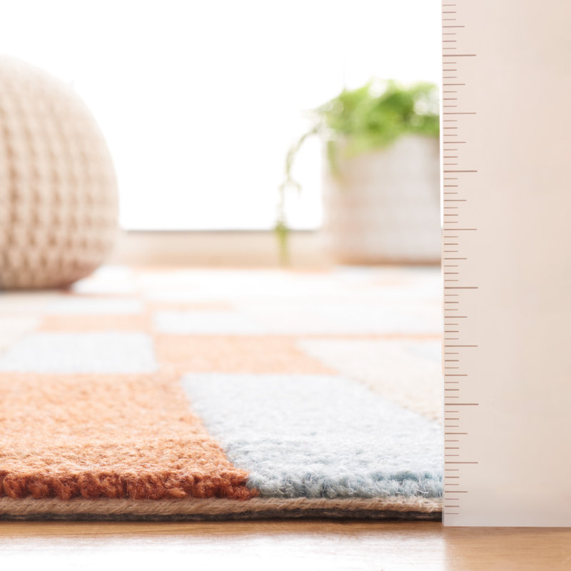 Nickonovitz Hand Tufted Wool/Cotton Geometric Rug in Light Blue/Rust, Runner 2'3" x 8"
