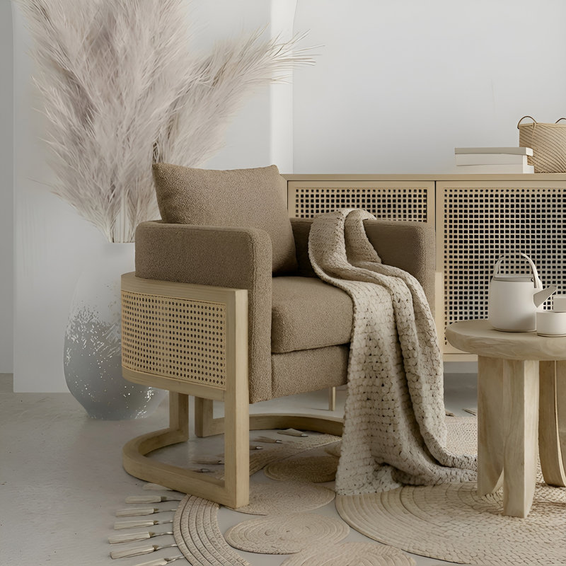 30.9" W Rattan and Wood Wide Armchair Upholstered Barrel Chair, Khaki Faux Fur Cushion/Natural Frame