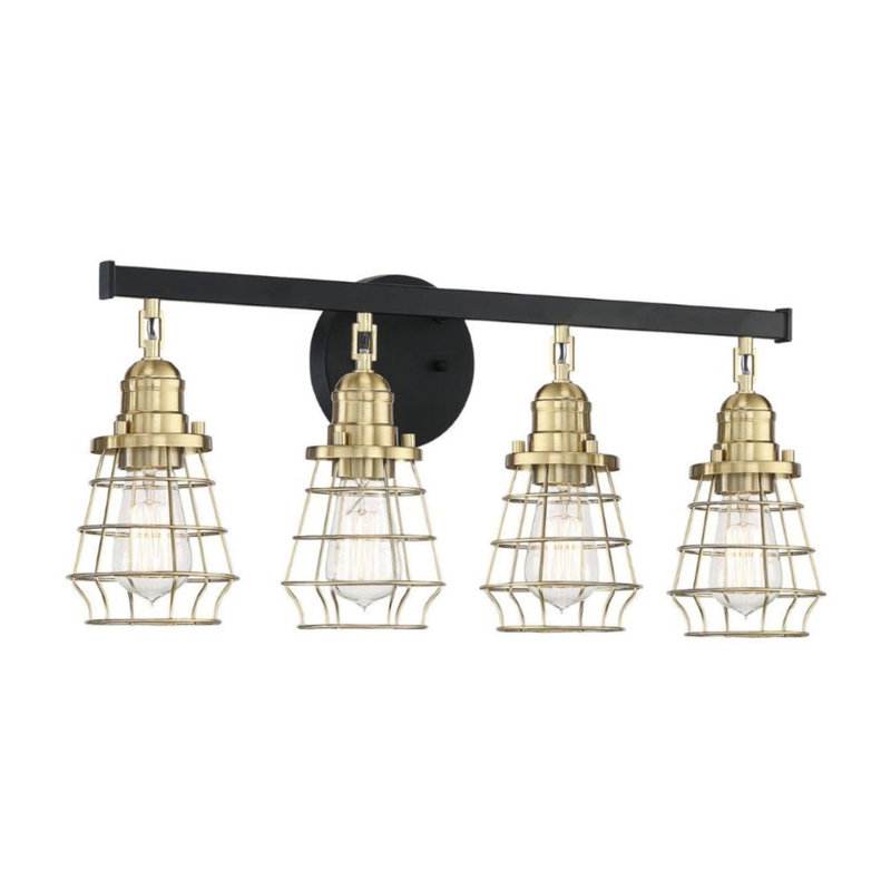 4 - Light Dimmable Vanity Light, Flat Black/Satin Brass, Satin Brass
