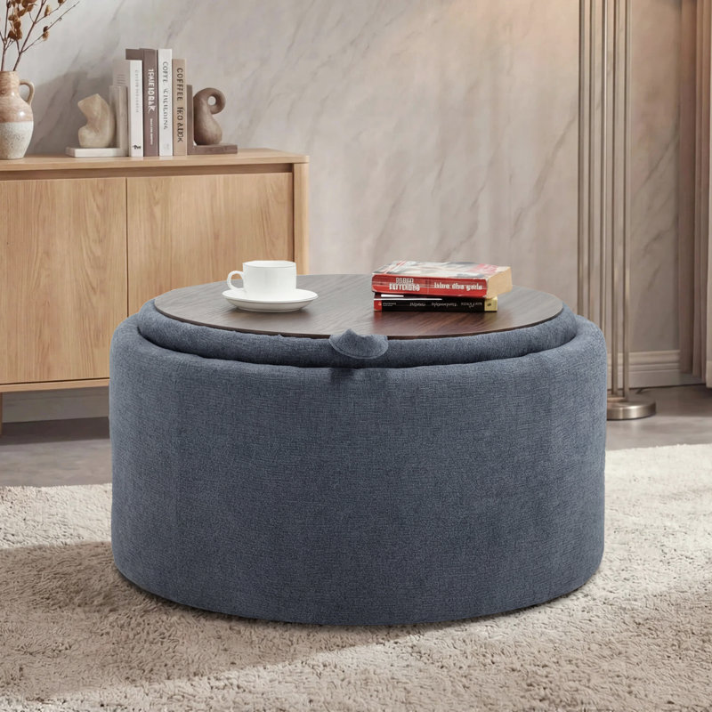 Repose-pieds capitonné rond 27,2 po avec rangement, Chenille - bleu