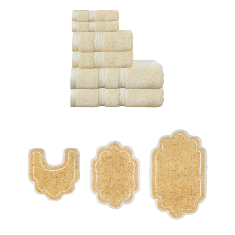 Talbert Collection 100% Soft Cotton 6 Pc Towel Set & 3 Pc Bath Rug Set, (Set of 9), Yellow