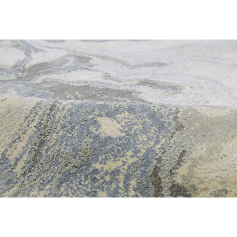 Hand Knotted Area Rug in Ivory/Blue/Yellow, Round 10'