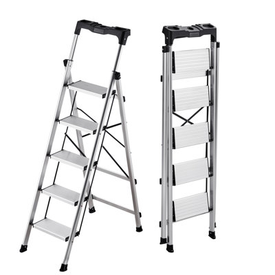 5 Step Ladder, Folding Step Stool with Wide Anti-Slip Pedal and Comfort Handgrip, 330 lbs Capacity Portable Aluminum Stepladder, Multi-Use for Kitchen, Warehouse, Household and Office, Silver