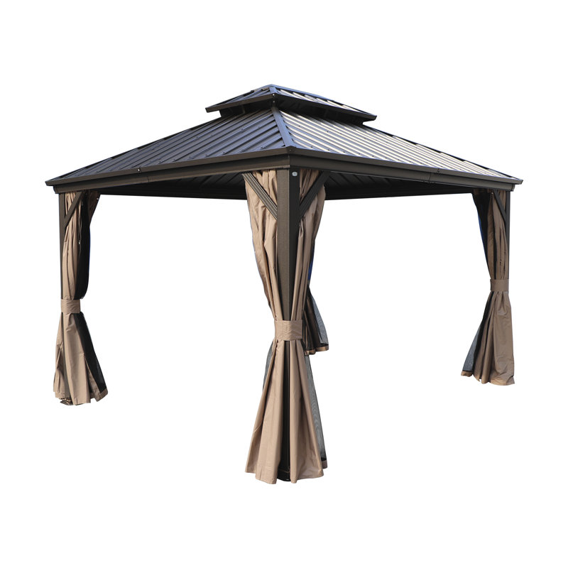 Kozyard Caesar Gray Double Roof Hardtop Gazebo with Privacy Curtain and Mosquito Netting, Brown, 120" x 144", Brown