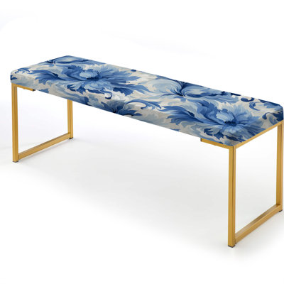 Blue And White Serene Ikat Zen - Floral Upholstered Gold Bench