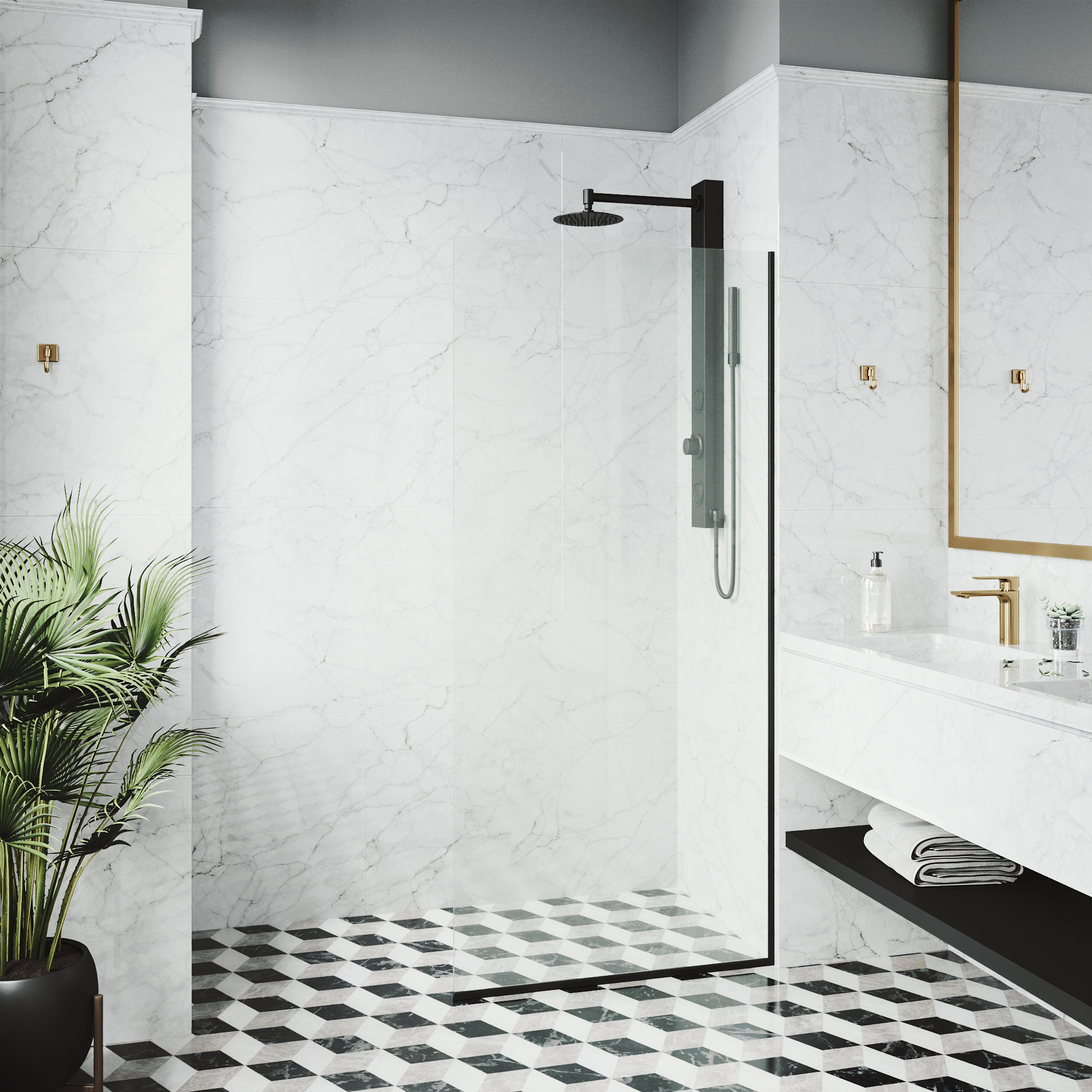 Zenith 34" W x 74" H Fixed Frameless Shower Screen with 3/8" Glass, Matte Black Clear
