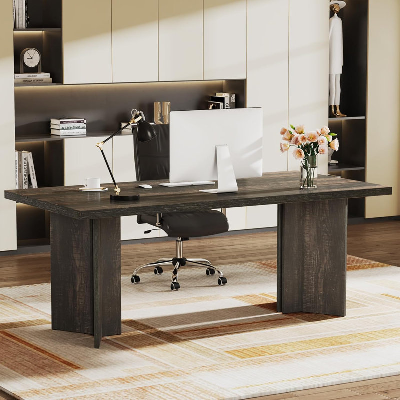 63" Farmhouse Executive Desk – Vintage Wood Computer Workstation With Thickened Tabletop, Large Writing & Conference Table For Home Office Or Study
