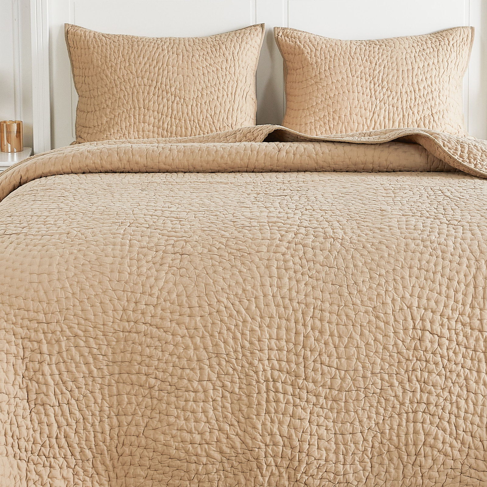 Voile Cotton Quilt Set, Queen Quilt + 2 Standard Shams, Tan