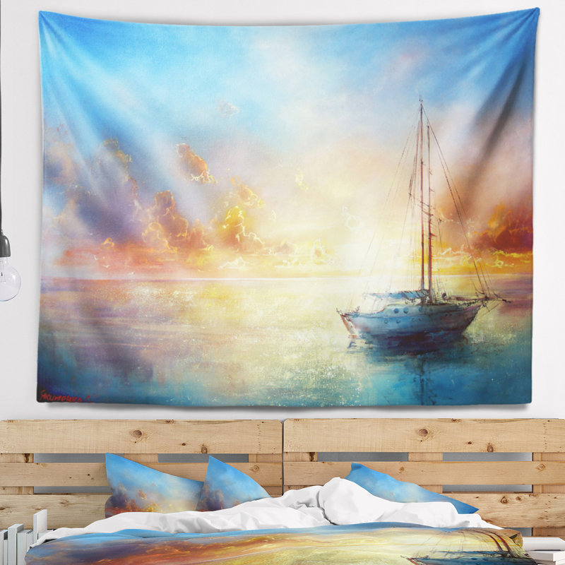 Tapisserie de jetée de paysage marin, H 32 po x l 39 po