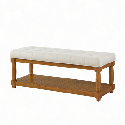 Upholstered Linen Bench with Storage Shelf - Tufted Ottoman Bench for Bedroom Entryway Living Room, Solid Wood Spindle Legs Accent Furniture