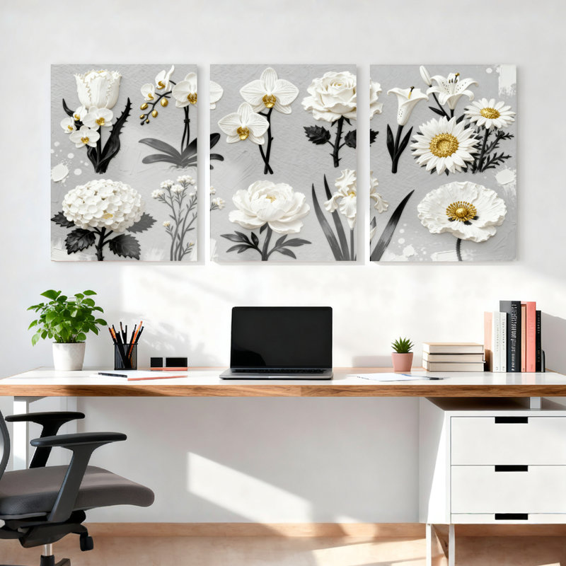 "White Floral Botanical Canvas", ensemble de 3 impressions murales sur toile en relief, H 18 po x l 36 po