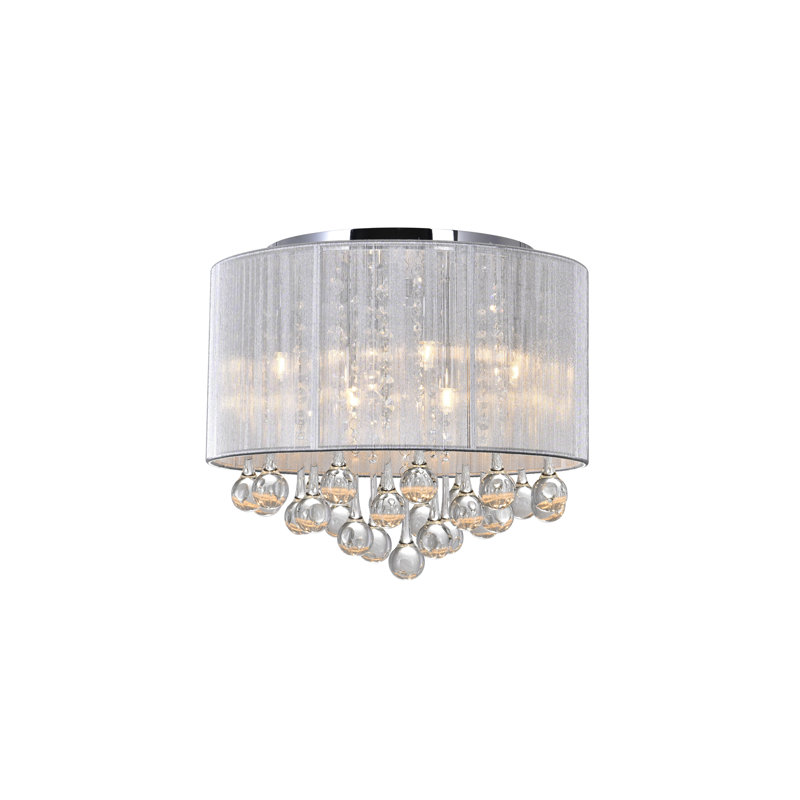 Plafonnier encastré chromé 6 lumières 14 po et abat-jour argenté avec gouttes de cristal, Argent argent
