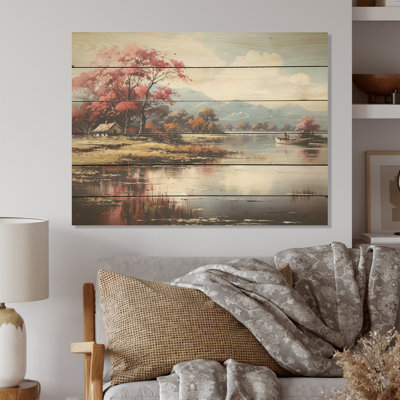 «Lakeside Fall Foliage Serenity I - Lake River», art mural sur bois de pin naturel