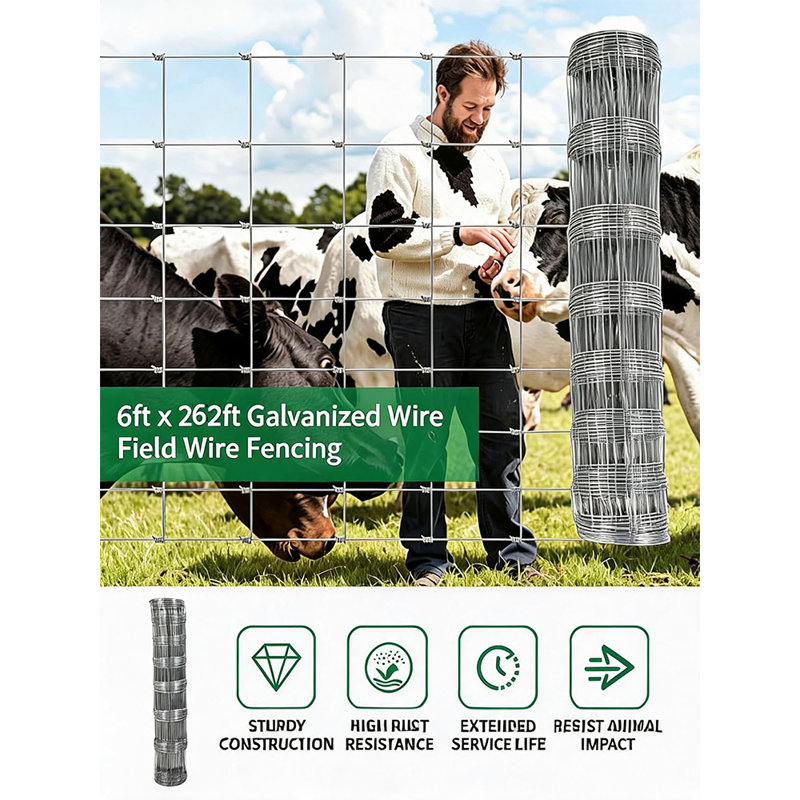 Clôture galvanisée pour bétail, 1,83 m de haut x 79,97 m de long, fil d'acier à haute résistance et à joints articulés de calibre 12