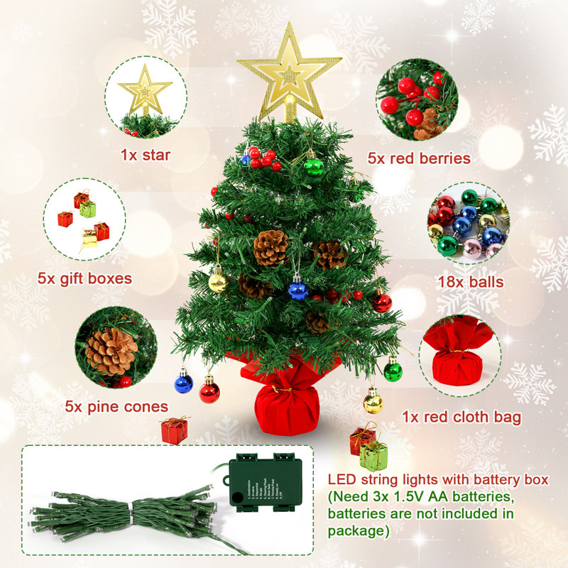 2ft Artificial Green Tabletop Christmas Tree with Pine Cone Red Fruit Gold Star Ball Decorations and LED String Lights