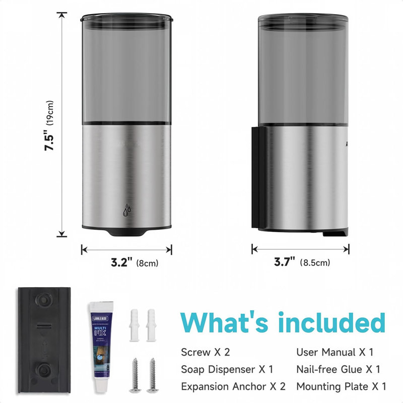 Distributeur de savon automatique étanche IPX7, 383 ml (13,5 oz), finition inox, installation sans perçage ni vis, gain de place, 5 niveaux de distribution précis réglables pour la salle de bain, remplissage facile grâce à une large ouverture (acier inoxydable brossé).