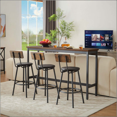 Long Bar Table Set With 3 PU Upholstered Bar Stools, Industrial Bar Table And Chairs For Kitchen Breakfast Table, Living Room, Banquet Hall