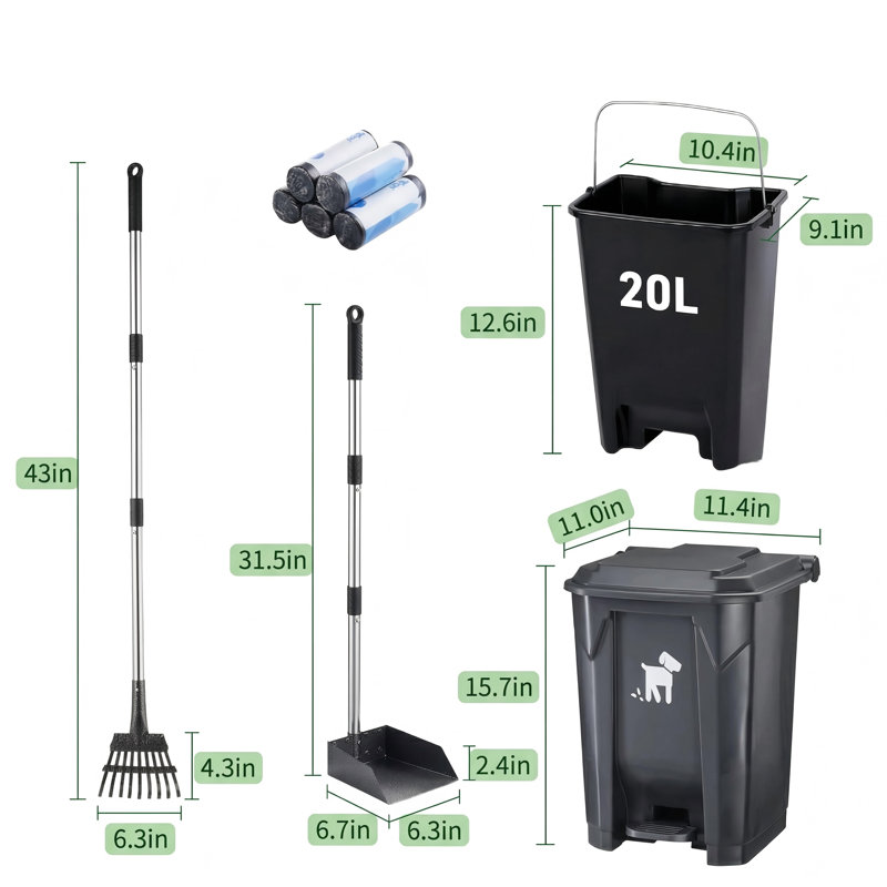 Dog Poop Trash Can Set with Removable Inner Bucket, Long-Handle Rake, 150 Waste Bags, 20L Bin for Small & Large Dog Families