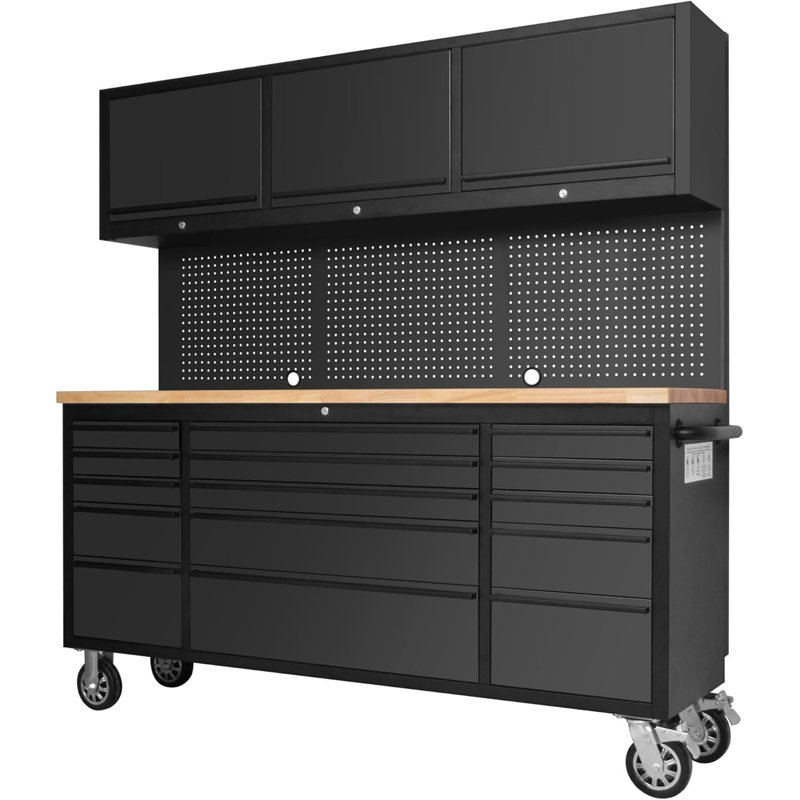 72" Rolling Tool Chest Cabinet Workbench with 15 Drawers, Heavy-Duty Steel Construction, Lockable Storage with Pegboard & Upper Cabinets, Industrial Garage Workshop Style